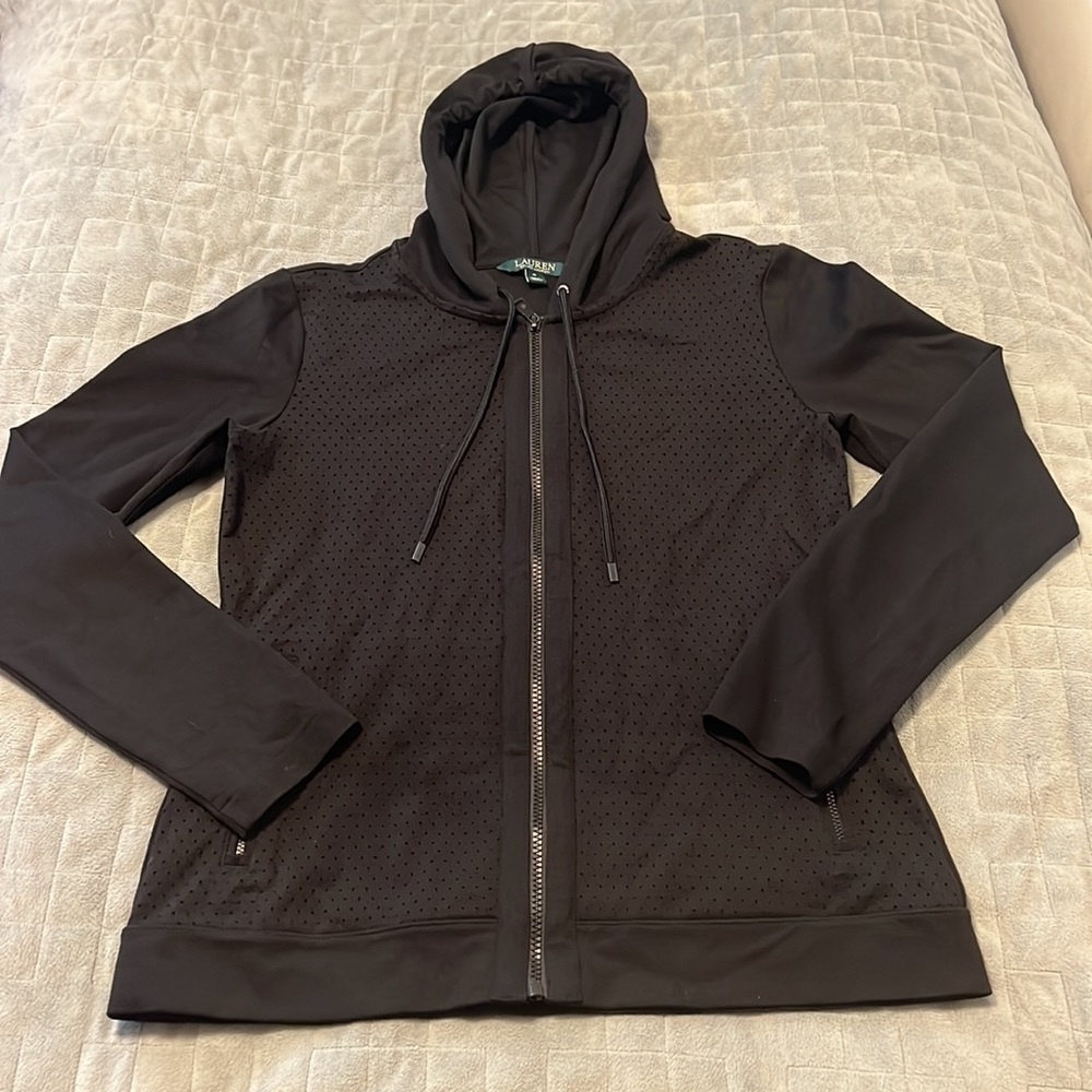 LAUREN Ralph Lauren Hooded Jacket, Hoodie, Sweatshirt, Black, Mesh, Size M